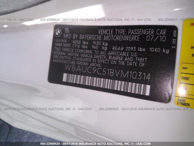 WBAUC9C51BVM10314 - 2011 BMW 135 I WHITE photo 9