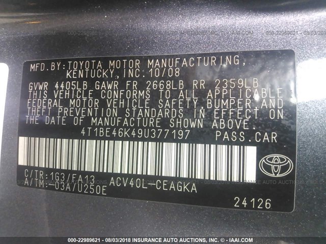 4T1BE46K49U377197 - 2009 TOYOTA CAMRY SE/LE/XLE 灰色 照片 9