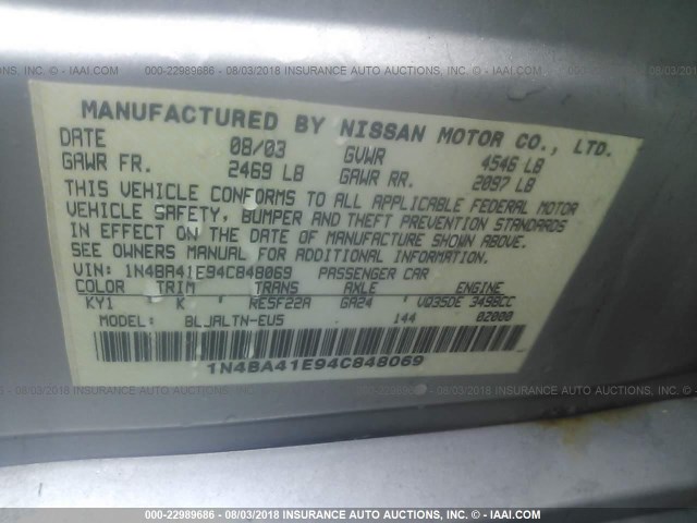 1N4BA41E94C848069 - 2004 NISSAN MAXIMA SE/SL SILVER photo 9