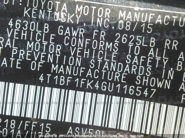 4T1BF1FK4GU116547 - 2016 TOYOTA CAMRY LE/XLE/SE/XSE 黑色 照片 9