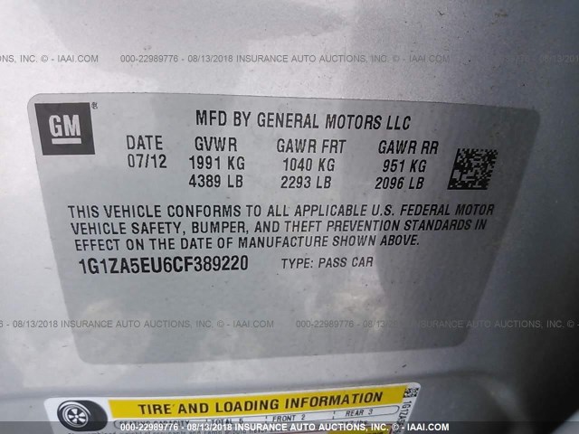 1G1ZA5EU6CF389220 - 2012 CHEVROLET MALIBU LS Күміс фото 9