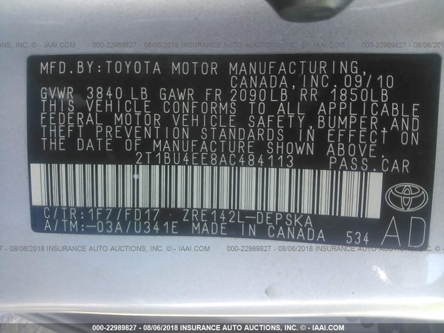 2T1BU4EE8AC484113 - 2010 TOYOTA COROLLA S/LE/XLE SILVER photo 9