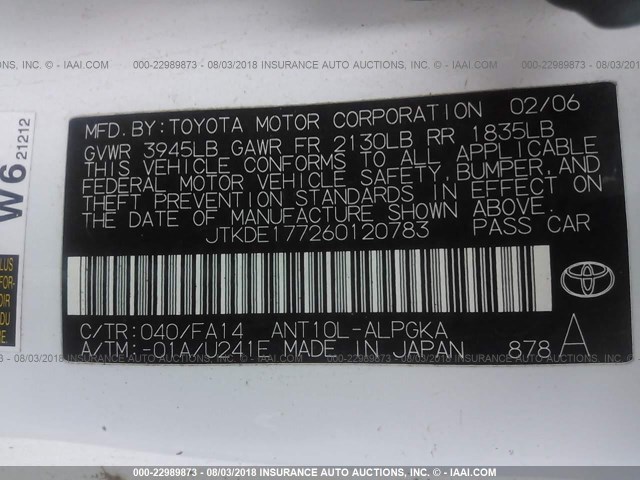 JTKDE177260120783 - 2006 TOYOTA SCION TC 白色 照片 9