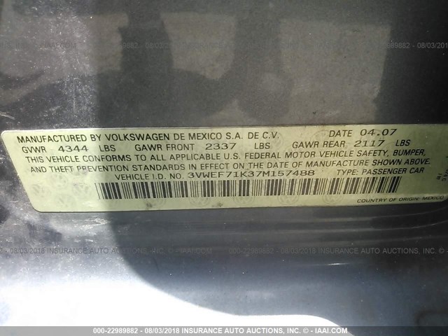 3VWEF71K37M157488 - 2007 VOLKSWAGEN JETTA WOLFSBURG 灰色 照片 9