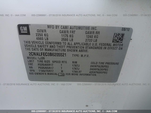 2CNALFEC0B6205521 - 2011 CHEVROLET EQUINOX LTZ WHITE photo 9