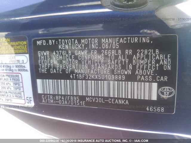 4T1BF32KX5U109889 - 2005 TOYOTA CAMRY LE/XLE/SE 蓝色 照片 9