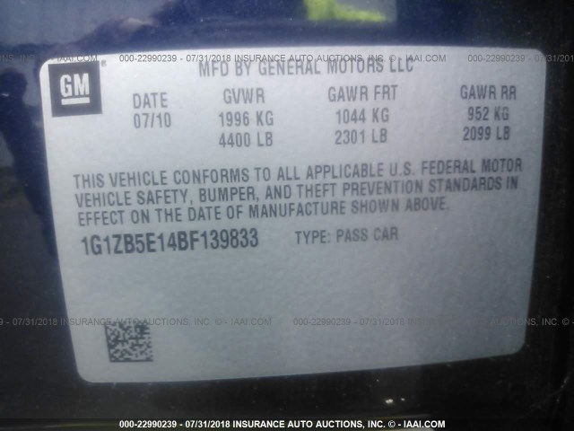 1G1ZB5E14BF139833 - 2011 CHEVROLET MALIBU LS ლურჯი ფოტო 9