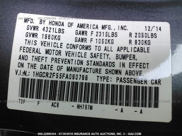 1HGCR2F55FA090798 - 2015 HONDA ACCORD SPORT 灰色 照片 9