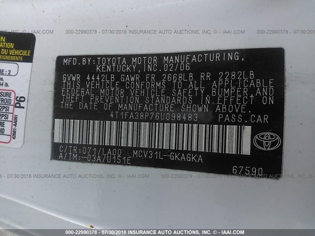 4T1FA38P76U098483 - 2006 TOYOTA CAMRY SOLARA SE/SLE თეთრი ფოტო 9