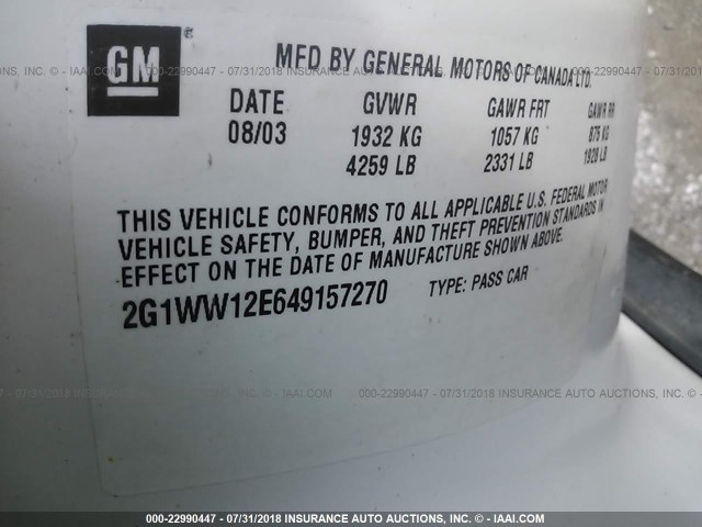 2G1WW12E649157270 - 2004 CHEVROLET MONTE CARLO LS თეთრი ფოტო 9