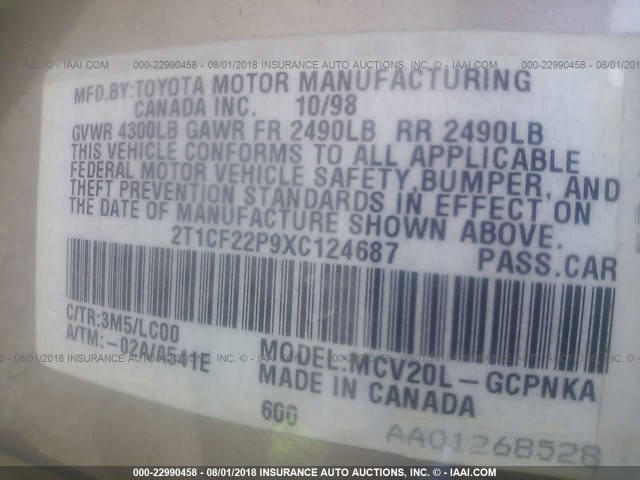 2T1CF22P9XC124687 - 1999 TOYOTA CAMRY SOLARA SE/SLE ბეჟი ფოტო 9