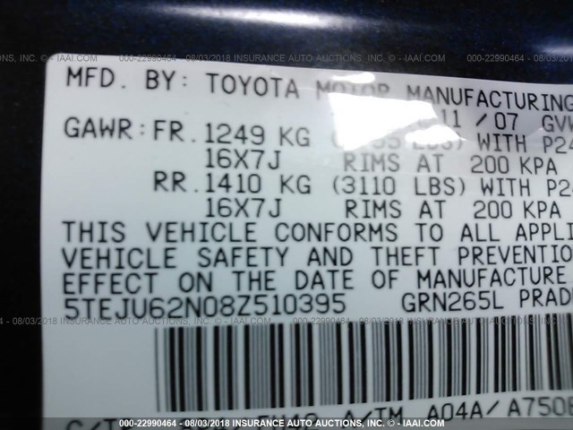 5TEJU62N08Z510395 - 2008 TOYOTA TACOMA DOUBLE CAB PRERUNNER Dark Blue photo 9