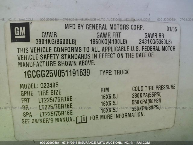 1GCGG25V051191639 - 2005 CHEVROLET EXPRESS G2500  WHITE photo 9