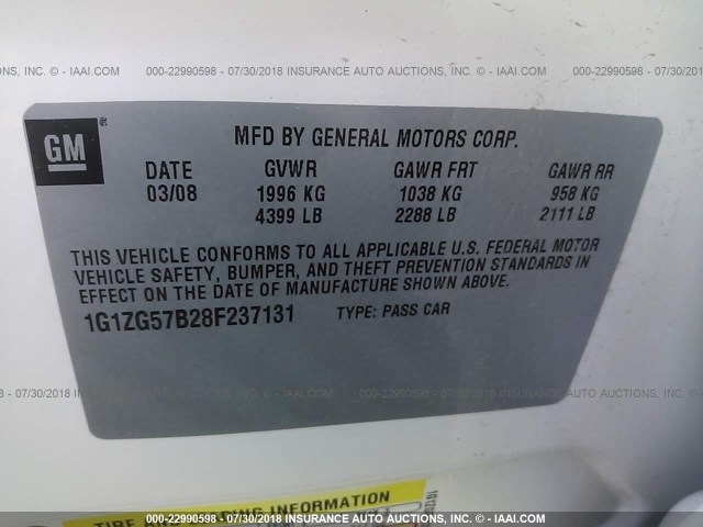 1G1ZG57B28F237131 - 2008 CHEVROLET MALIBU LS WHITE photo 9