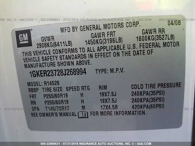 1GKER23728J268994 - 2008 GMC ACADIA SLT-1 Weiß Foto 9