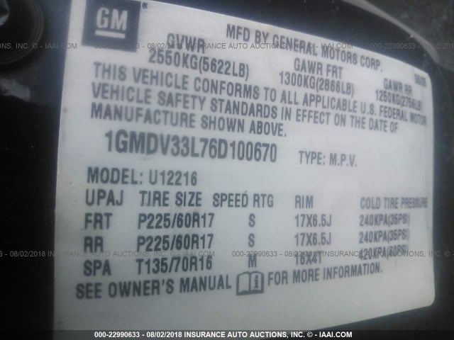 1GMDV33L76D100670 - 2006 PONTIAC MONTANA SV6 BLUE photo 9