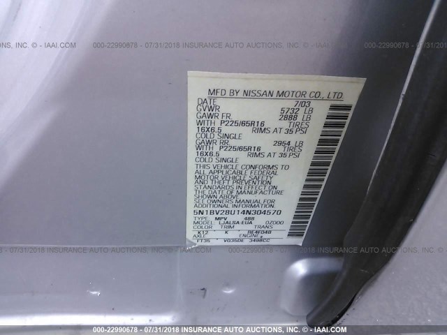 5N1BV28U14N304570 - 2004 NISSAN QUEST S/SE/SL SILVER photo 9