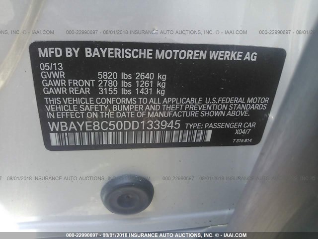 WBAYE8C50DD133945 - 2013 BMW 750 LI SILVER photo 9
