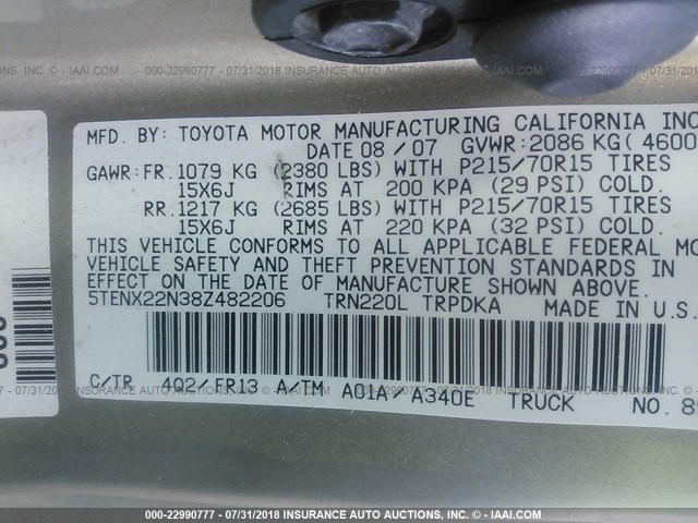 5TENX22N38Z482206 - 2008 TOYOTA TACOMA WHITE photo 9