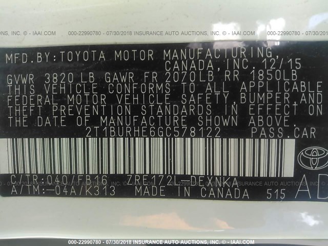 2T1BURHE6GC578122 - 2016 TOYOTA COROLLA L/LE/LE PLS/PRM/S/S PLS WHITE photo 9