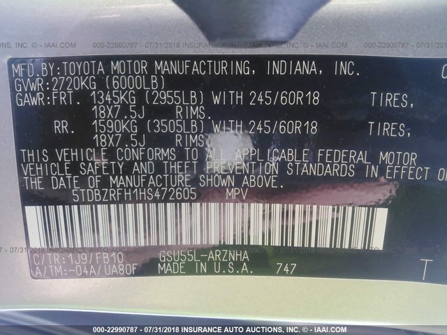 5TDBZRFH1HS472605 - 2017 TOYOTA HIGHLANDER LE/LE PLUS SILVER photo 9