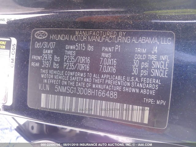 5NMSG13D08H166488 - 2008 HYUNDAI SANTA FE GLS BLUE photo 9