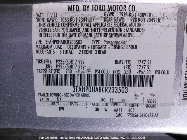 3FAHP0HA8CR233503 - 2012 FORD FUSION SE SILVER photo 9