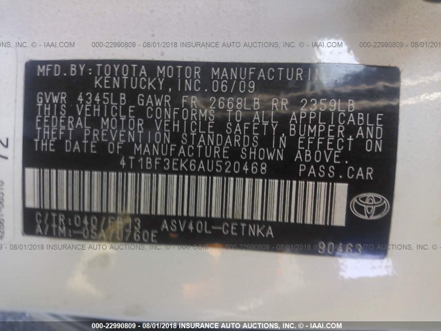 4T1BF3EK6AU520468 - 2010 TOYOTA CAMRY SE/LE/XLE WHITE photo 9