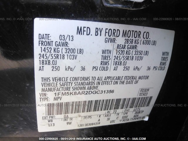 1FM5K8AR2DGC31356 - 2013 FORD EXPLORER POLICE INTERCEPTOR BLACK photo 9