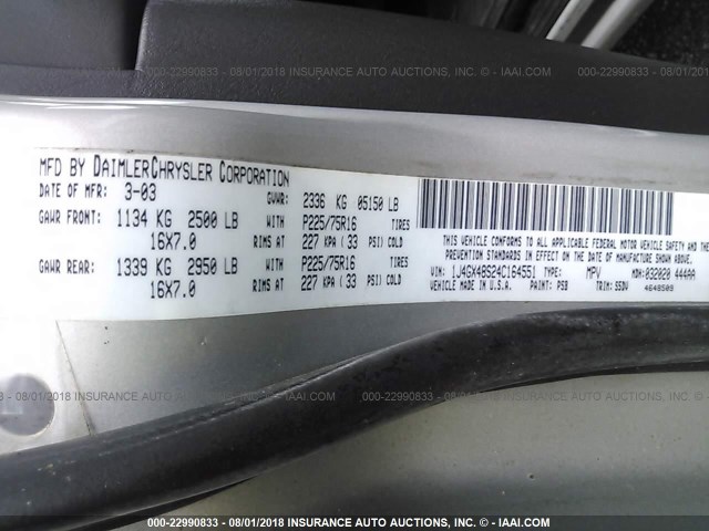 1J4GX48S24C164551 - 2004 JEEP GRAND CHEROKEE LAREDO/COLUMBIA/FREEDOM 银色 照片 9