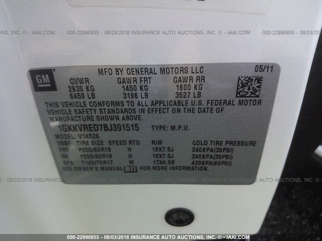 1GKKVRED7BJ391515 - 2011 GMC ACADIA SLT-1 Biały zdjęcie 9