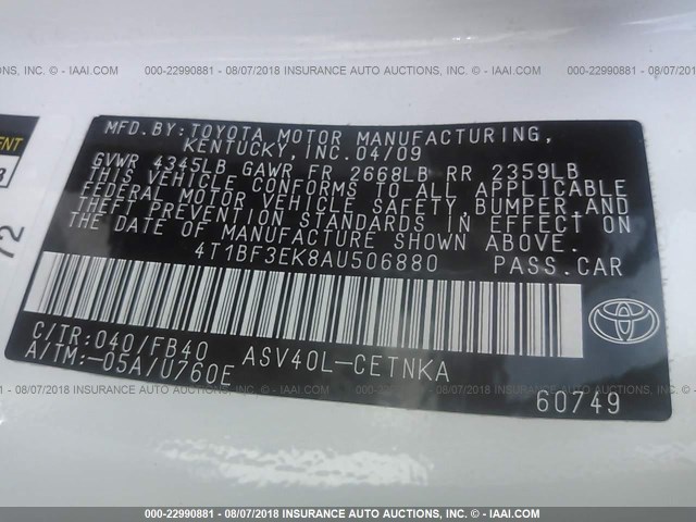 4T1BF3EK8AU506880 - 2010 TOYOTA CAMRY SE/LE/XLE თეთრი ფოტო 9