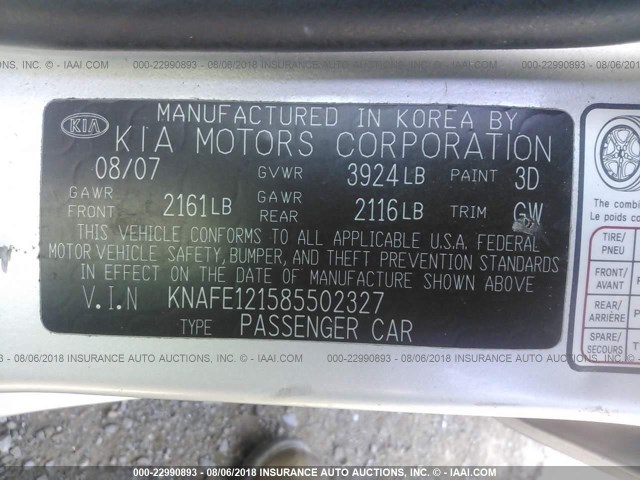 KNAFE121585502327 - 2008 KIA SPECTRA EX/LX/SX SILVER photo 9