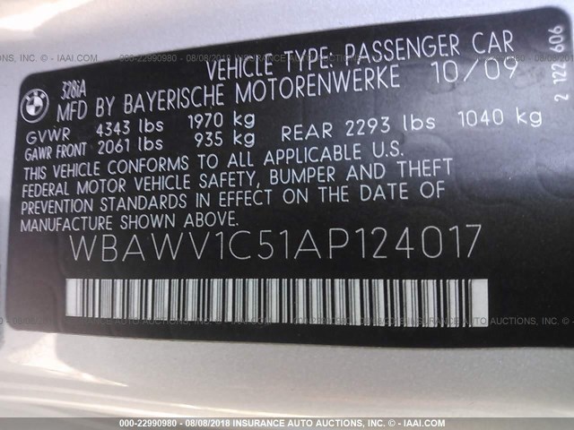 WBAWV1C51AP124017 - 2010 BMW 328 I SULEV SILVER photo 9