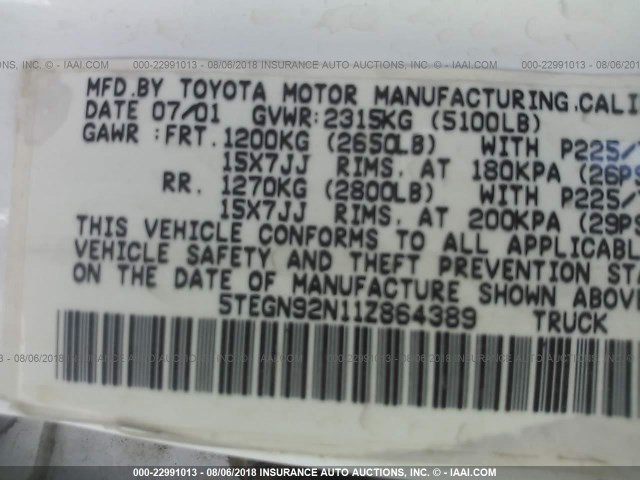 5TEGN92N11Z864389 - 2001 TOYOTA TACOMA DOUBLE CAB PRERUNNER WHITE photo 9