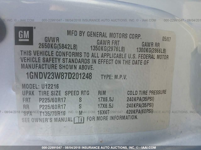 1GNDV23W87D201248 - 2007 CHEVROLET UPLANDER LS Light Blue photo 9