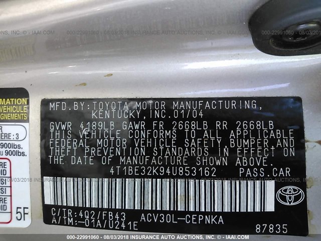 4T1BE32K94U853162 - 2004 TOYOTA CAMRY LE/XLE/SE 棕色 照片 9