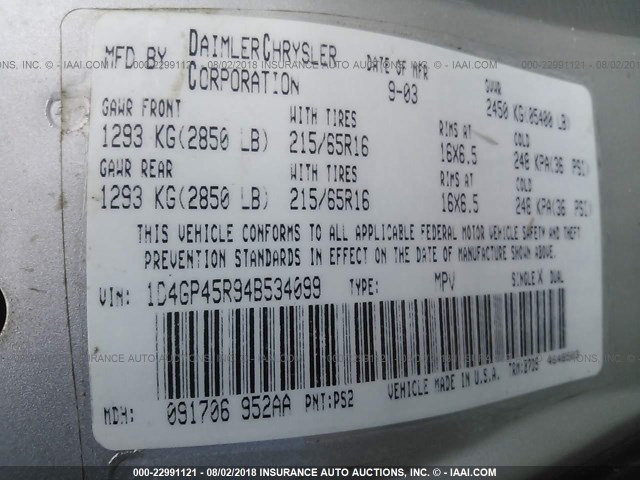 1D4GP45R94B534099 - 2004 DODGE CARAVAN SXT SILVER photo 9