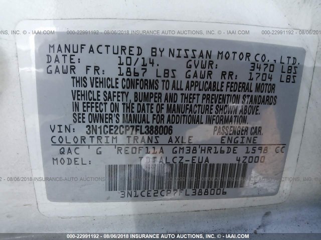 3N1CE2CP7FL388006 - 2015 NISSAN VERSA NOTE S/S PLUS/SV/SL/SR WHITE photo 9