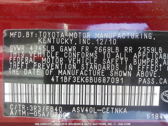 4T1BF3EK6BU687091 - 2011 TOYOTA CAMRY SE/LE/XLE RED photo 9