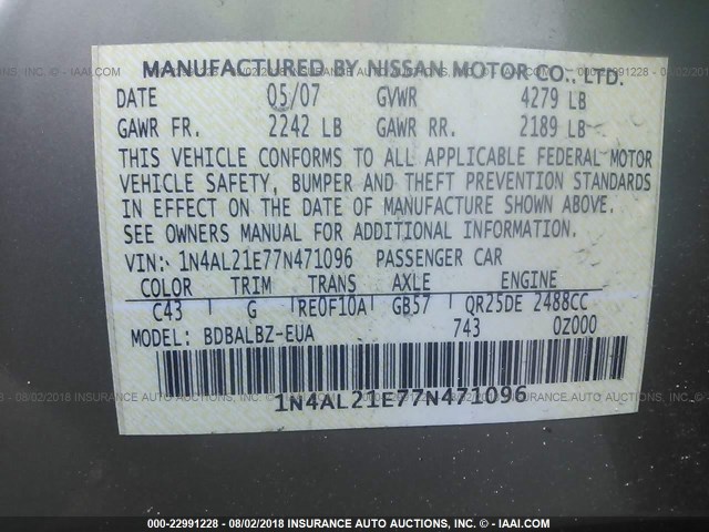 1N4AL21E77N471096 - 2007 NISSAN ALTIMA 2.5/2.5S GRAY photo 9