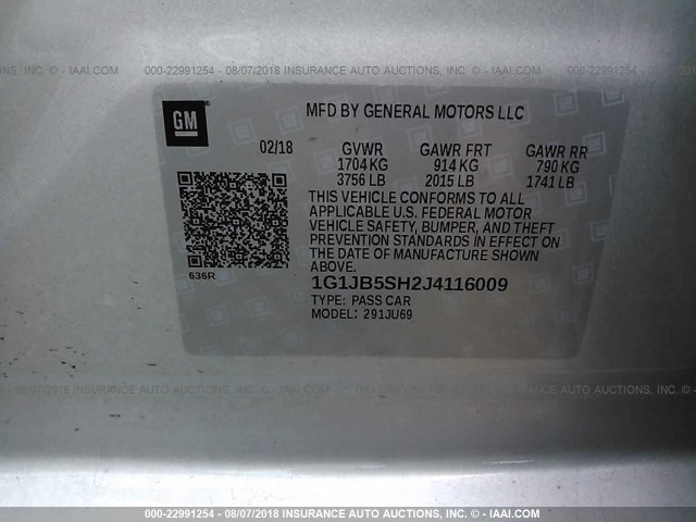 1G1JB5SH2J4116009 - 2018 CHEVROLET SONIC LS 银色 照片 9