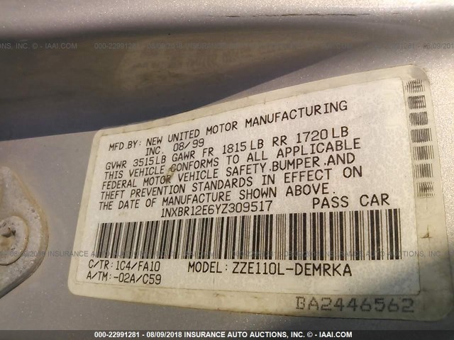 1NXBR12E6YZ309517 - 2000 TOYOTA COROLLA VE/CE/LE 银色 照片 9