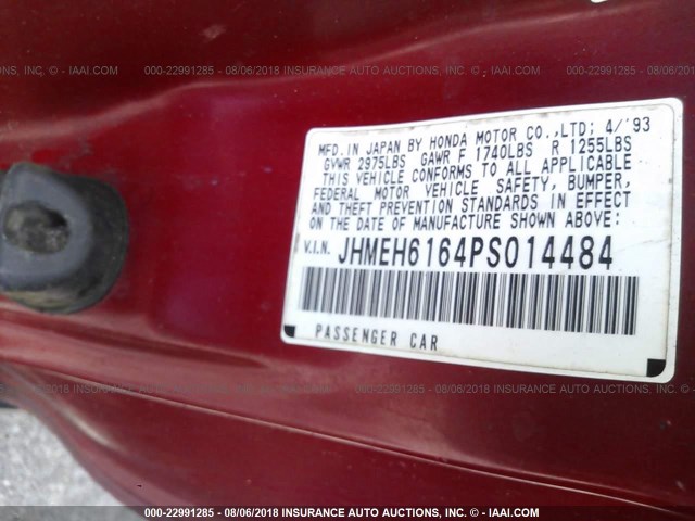 JHMEH6164PS014484 - 1993 HONDA CIVIC DEL SOL SI RED photo 9