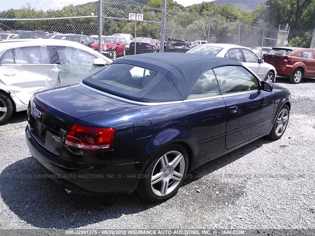 WAUDF48H07K015286 - 2007 AUDI A4 2.0T CABRIOLET QUATTRO BLUE photo 4