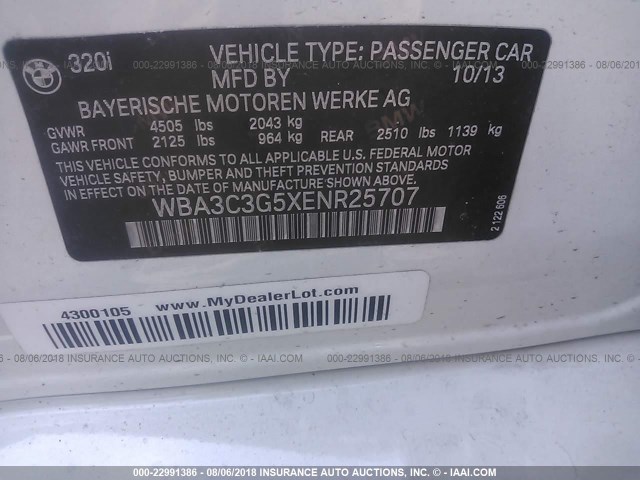 WBA3C3G5XENR25707 - 2014 BMW 320 I/XDRIVE WHITE photo 8