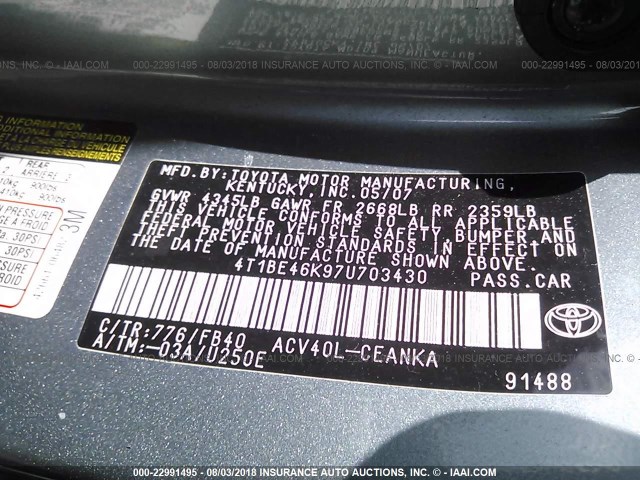 4T1BE46K97U703430 - 2007 TOYOTA CAMRY NEW GENERAT CE/LE/XLE/SE Light Blue photo 9