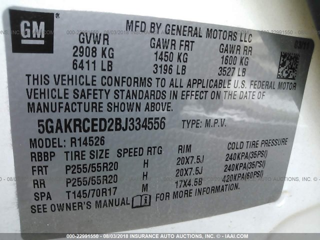 5GAKRCED2BJ334556 - 2011 BUICK ENCLAVE CXL CREAM photo 9