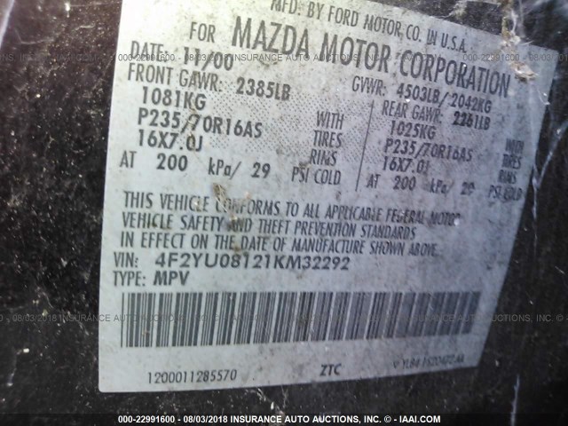 4F2YU08121KM32292 - 2001 MAZDA TRIBUTE LX/ES 勃艮第红 照片 9