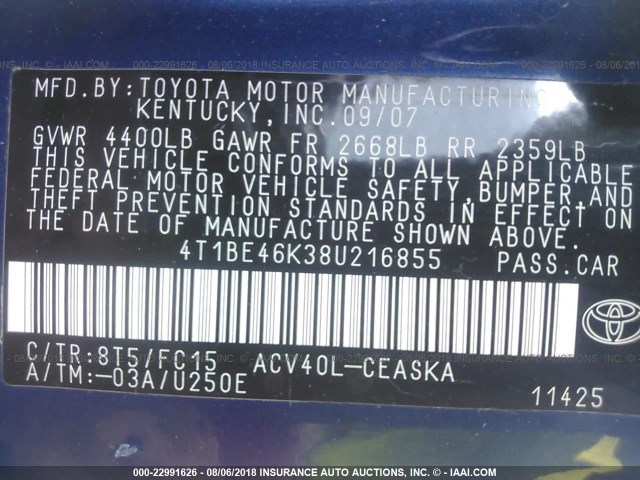 4T1BE46K38U216855 - 2008 TOYOTA CAMRY CE/LE/XLE/SE BLUE photo 9